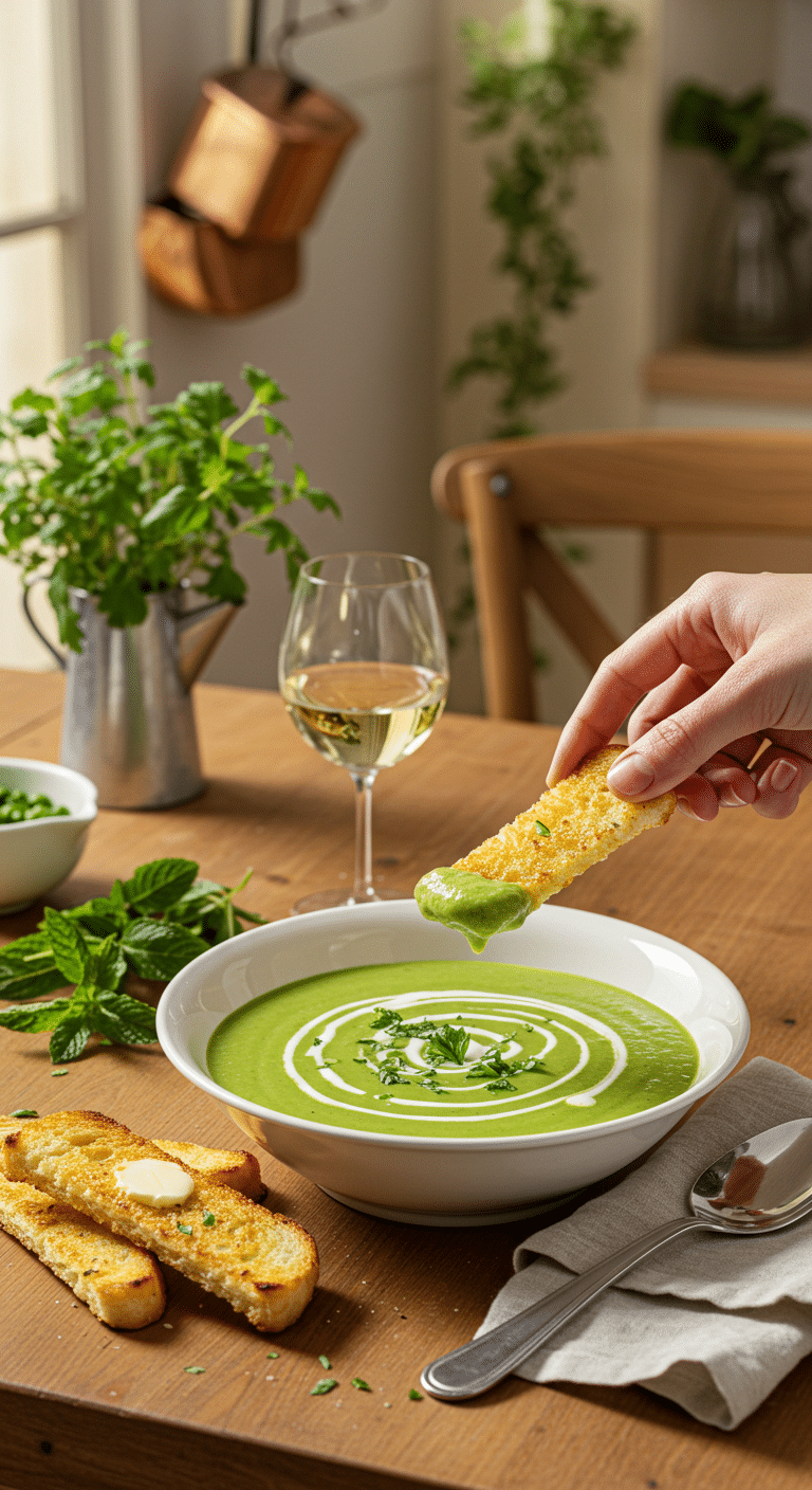 Rich and Creamy Pea Soup with Toast Soldiers