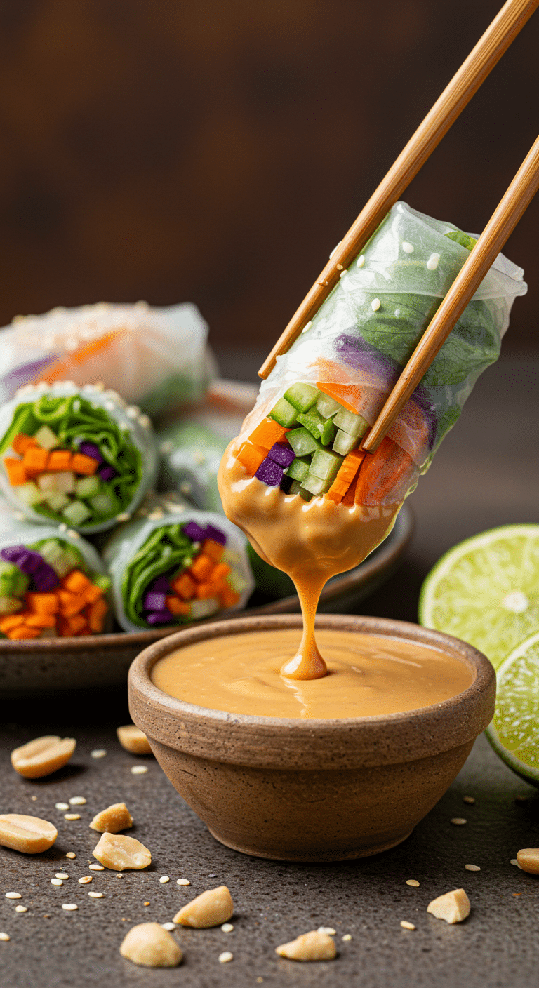 Fresh and Crunchy Veggie-Packed Rice Paper Rolls with Peanut Sauce