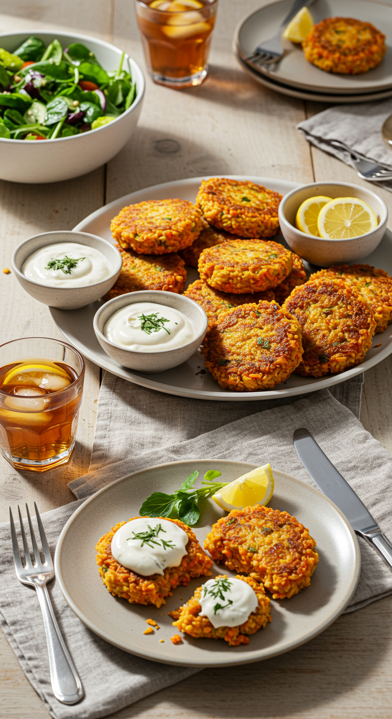 Savory Carrot and Rice Patties with Creamy Garlic Dip